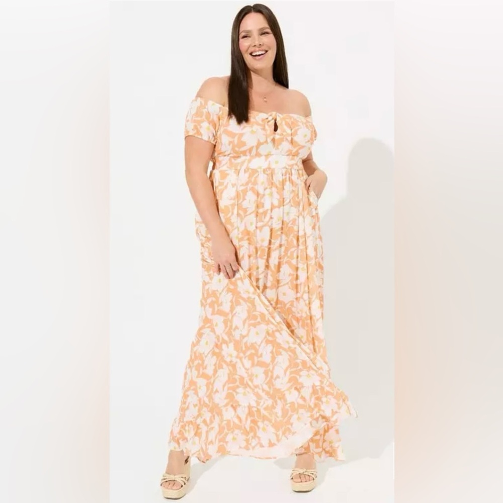 Torrid Coral Floral Maxi Off Shoulder Dress Size 1X Romantic Flowy Fairy Summer